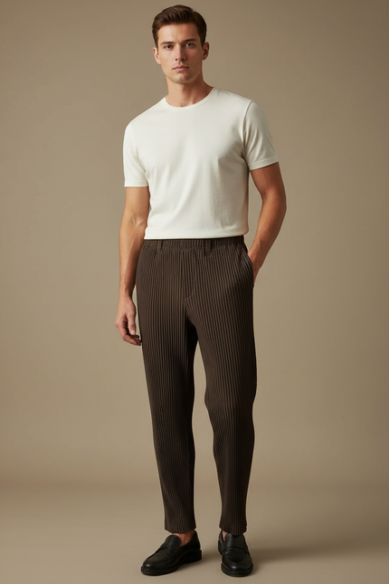 Pantalon À Pince Plissé Marron Droit Décontracté Homme - Cordé