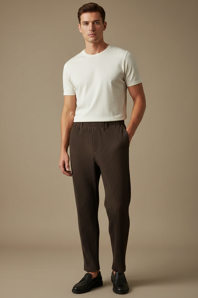 Pantalon À Pince Plissé Marron Droit Décontracté Homme - Cordé