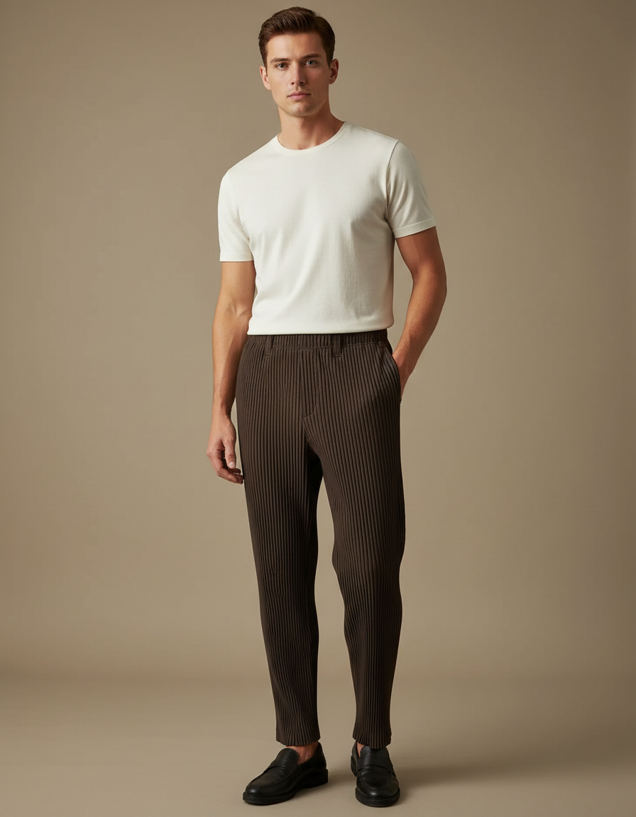 Pantalon À Pince Plissé Marron Droit Décontracté Homme - Cordé