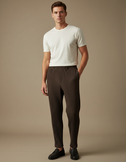 Pantalon À Pince Plissé Marron Droit Décontracté Homme - Cordé