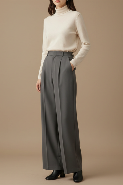 Pantalon À Pince Gris Plissé Ample Élégant Femme - Polyester