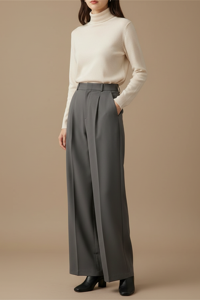 Pantalon À Pince Gris Plissé Ample Élégant Femme - Polyester