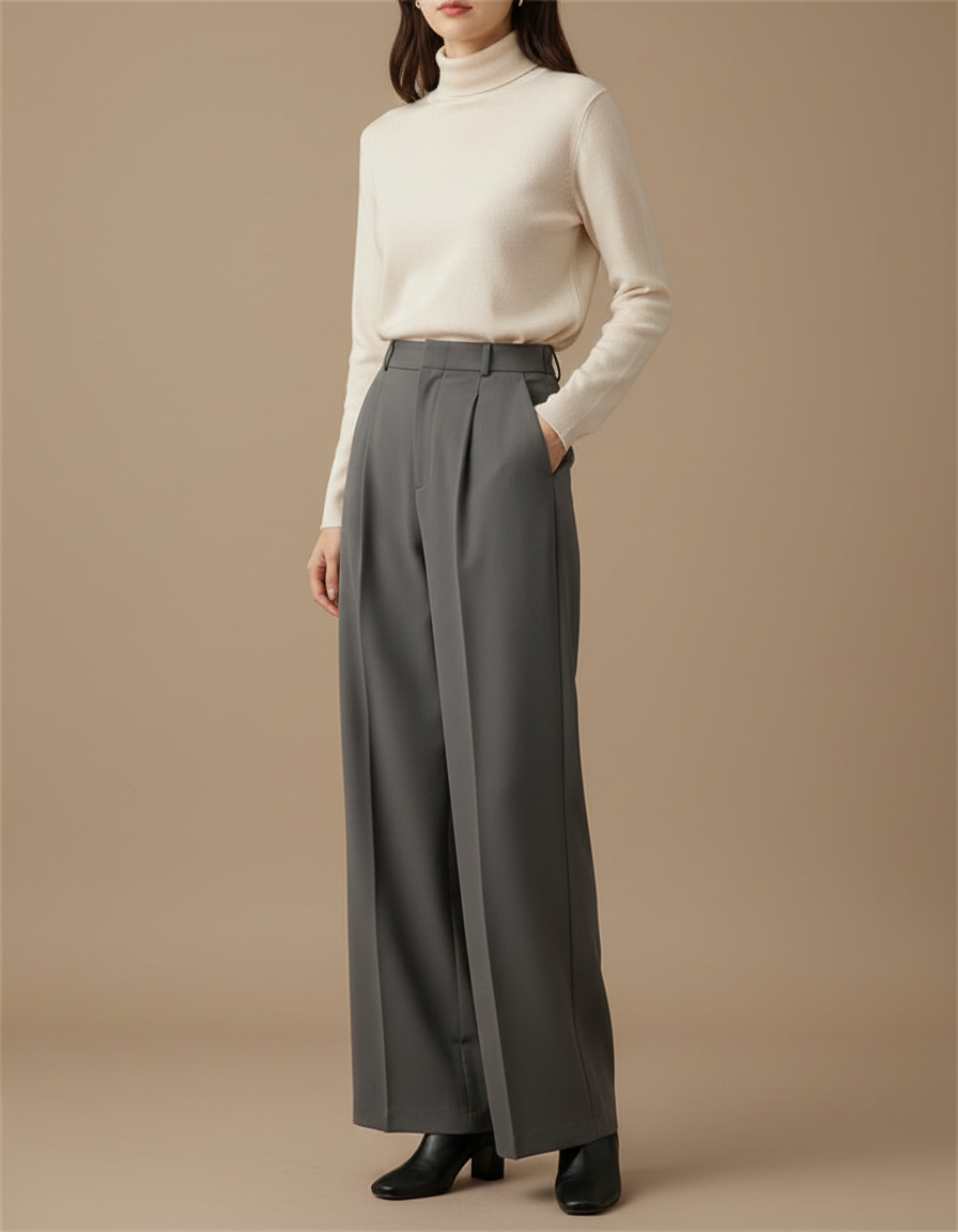Pantalon À Pince Gris Plissé Ample Élégant Femme - Polyester