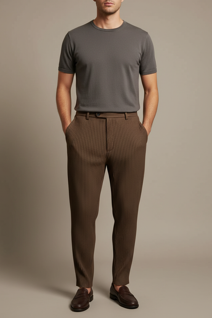 Pantalon À Pince Marron Plissé Décontracté Élégant Homme - Cordé