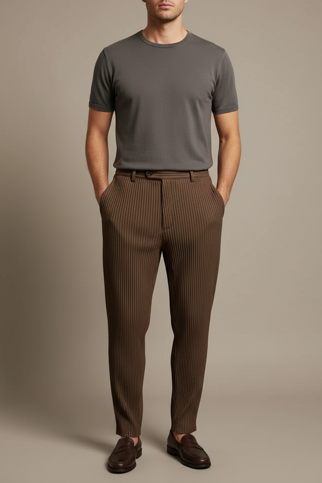 Pantalon À Pince Marron Plissé Décontracté Élégant Homme - Cordé