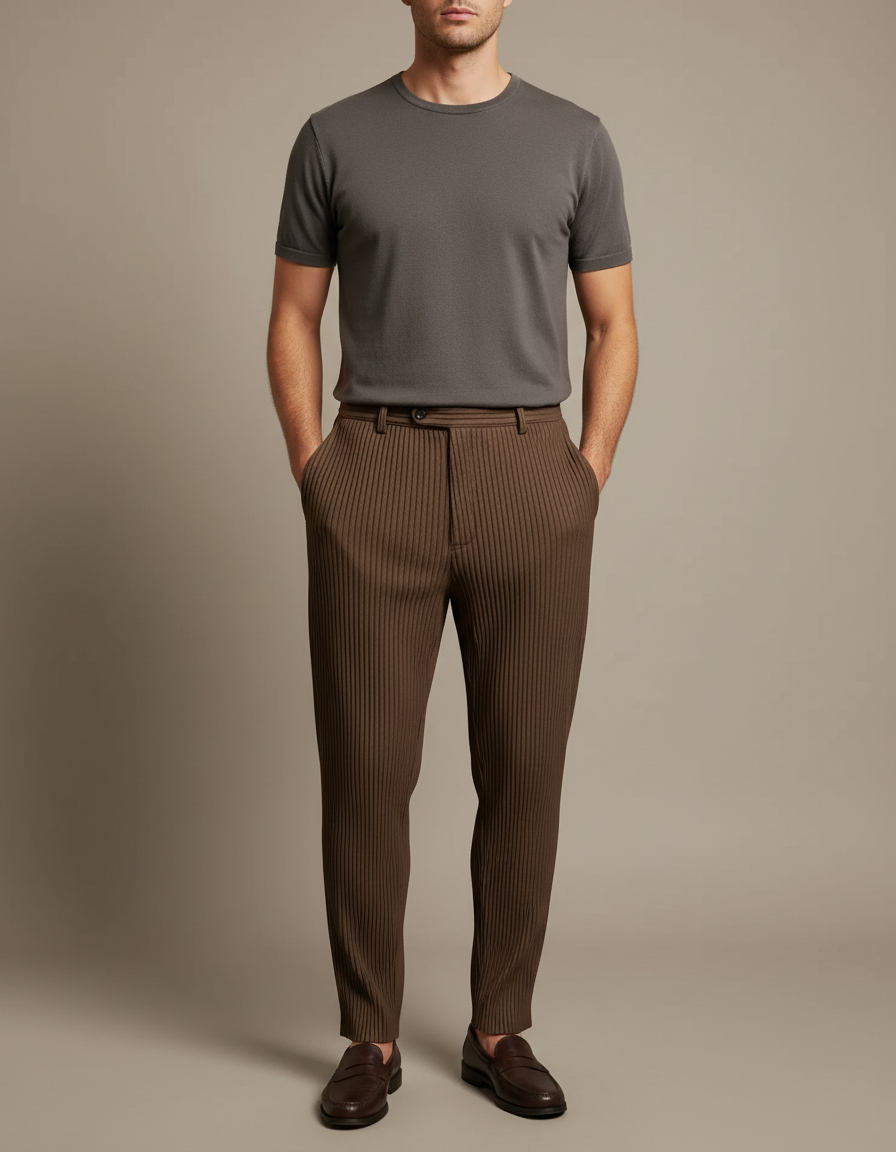Pantalon À Pince Marron Plissé Décontracté Élégant Homme - Cordé