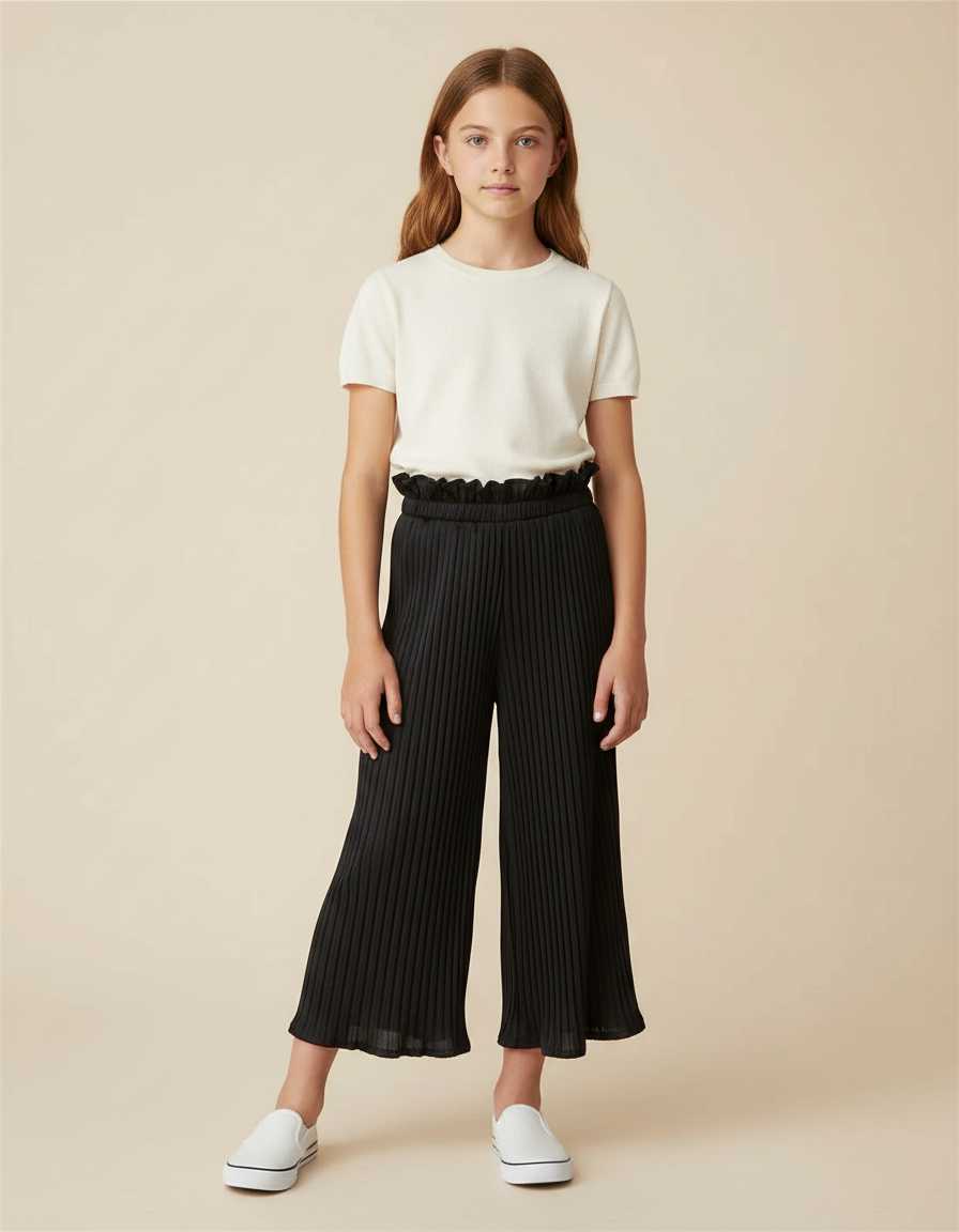 Pantalon À Pince Noir Plissé Fluide Fille Élégant - Maille