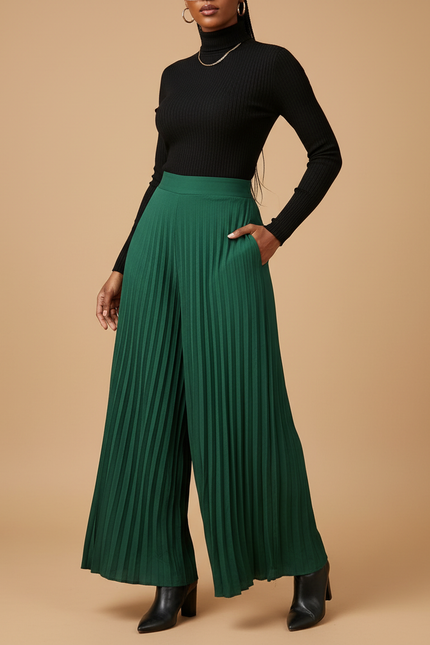 Pantalon À Pince Vert Plissé Fluide Élégant Femme - Polyester