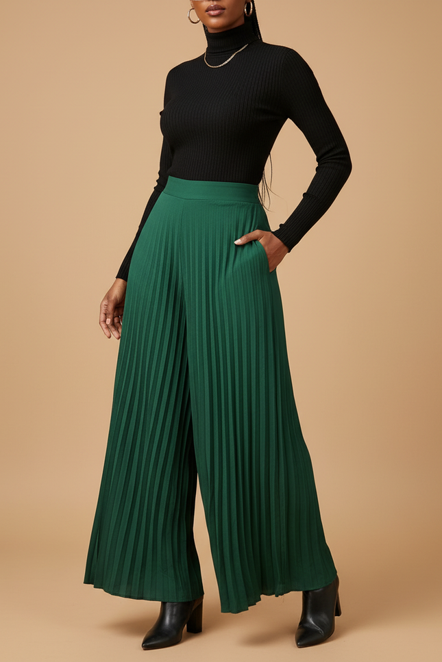 Pantalon À Pince Vert Plissé Fluide Élégant Femme - Polyester