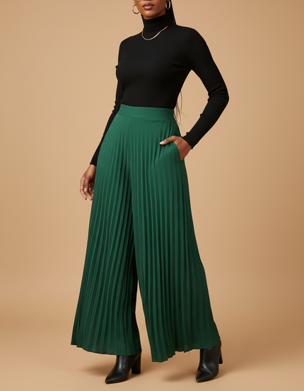 Pantalon À Pince Vert Plissé Fluide Élégant Femme - Polyester