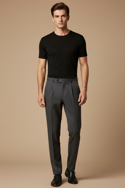 Pantalon À Pince Gris Motif Micro Plissé Élégant Homme - Laine