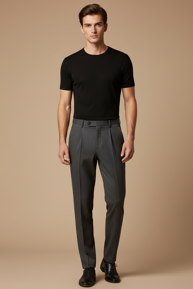 Pantalon À Pince Gris Motif Micro Plissé Élégant Homme - Laine