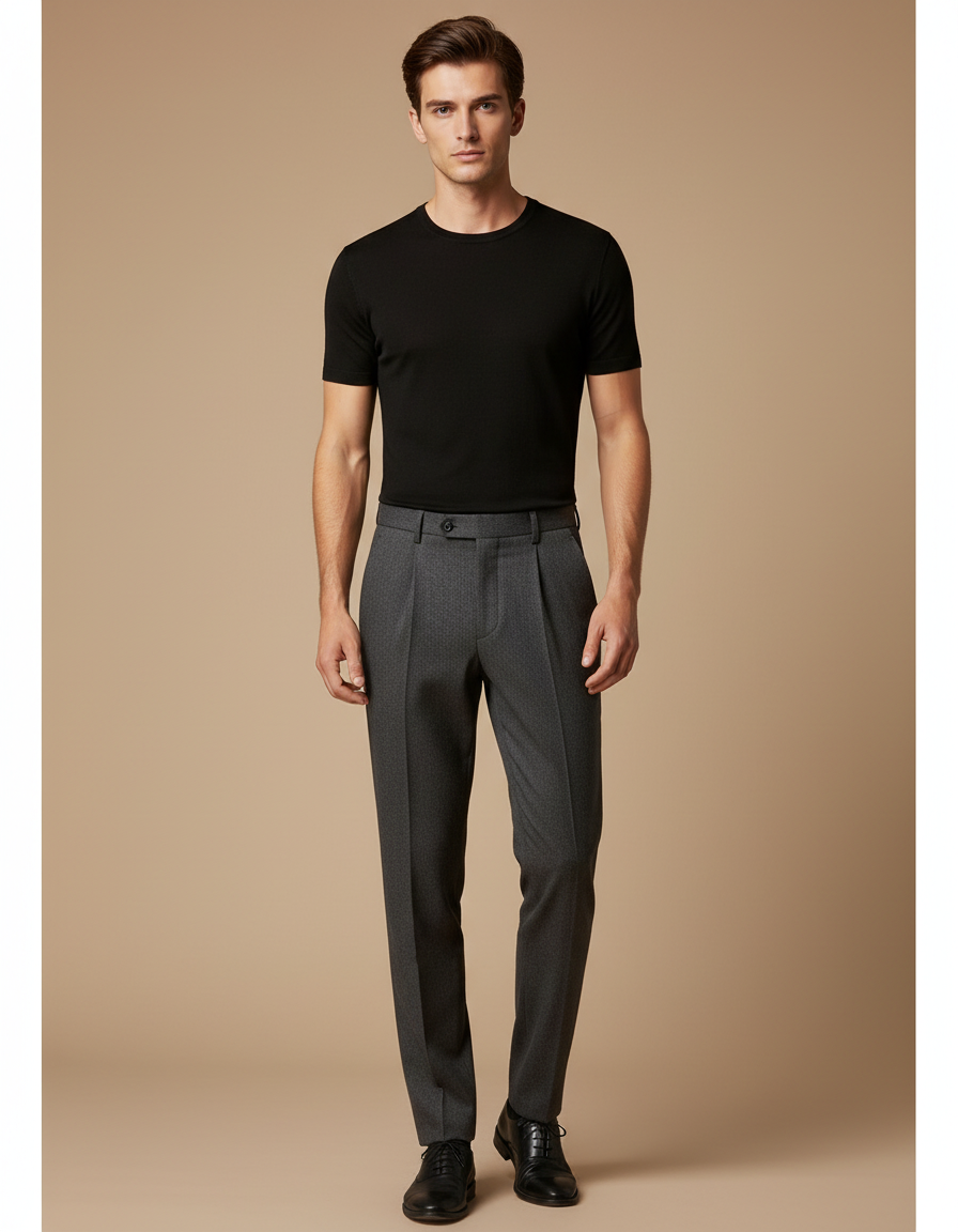 Pantalon À Pince Gris Motif Micro Plissé Élégant Homme - Laine