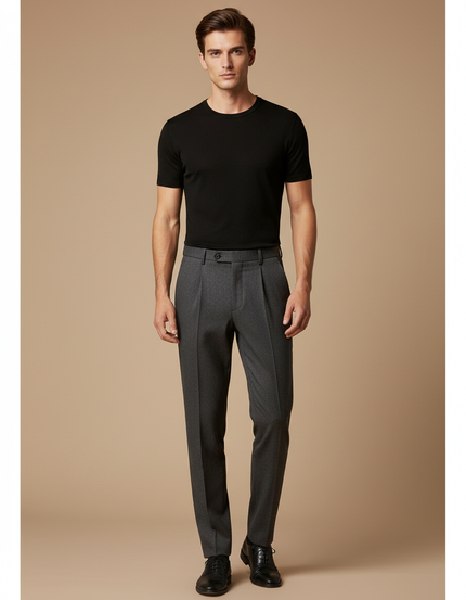 Pantalon À Pince Gris Motif Micro Plissé Élégant Homme - Laine