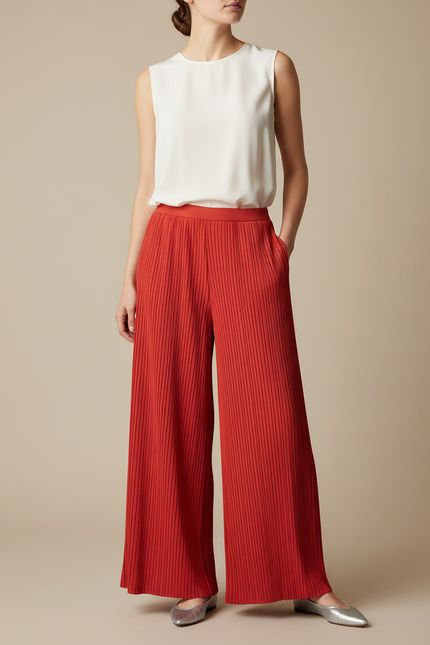 Pantalon À Pince Rouge Plissé Ample Fluide Élégant - Polyester