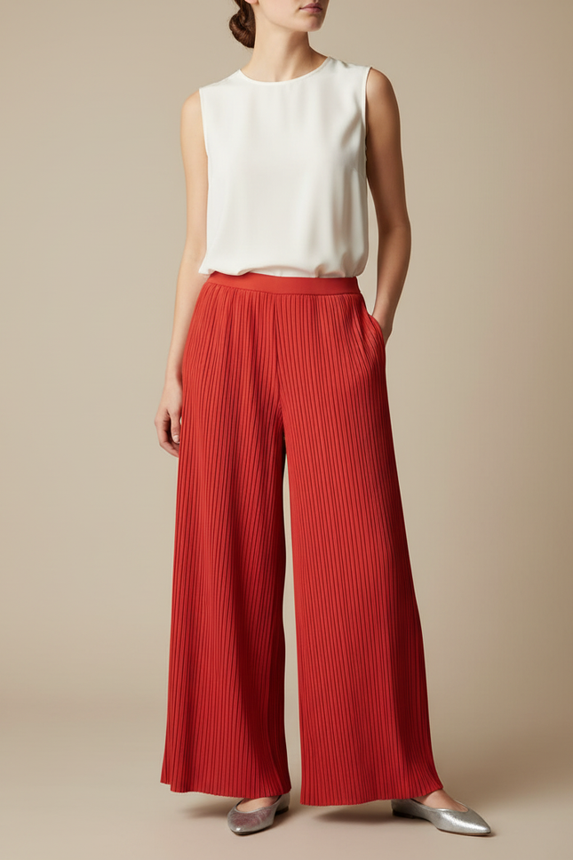 Pantalon À Pince Rouge Plissé Ample Fluide Élégant - Polyester