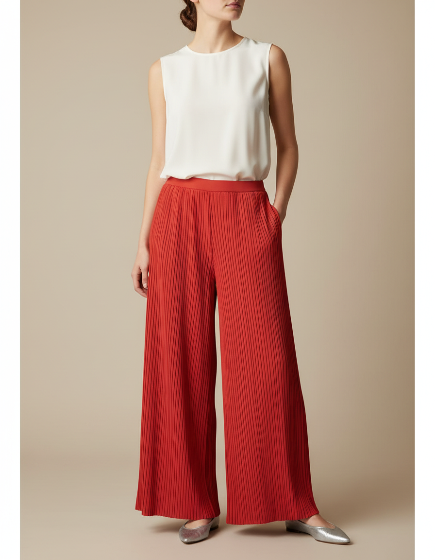Pantalon À Pince Rouge Plissé Ample Fluide Élégant - Polyester