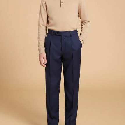 Pantalon À Pince Bleu Marine Droit Coton Garçon - Gabardine