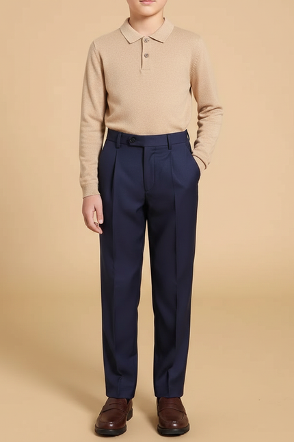 Pantalon À Pince Bleu Marine Droit Coton Garçon - Gabardine
