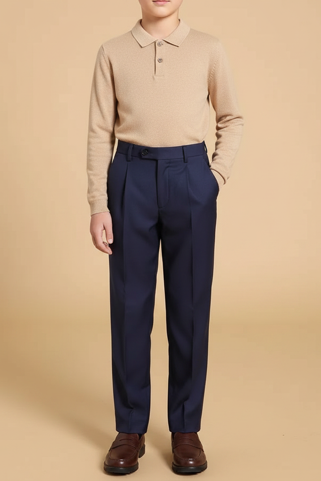 Pantalon À Pince Bleu Marine Droit Coton Garçon - Gabardine
