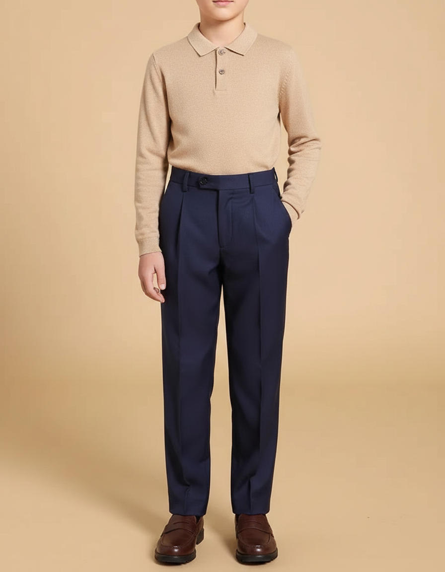Pantalon À Pince Bleu Marine Droit Coton Garçon - Gabardine