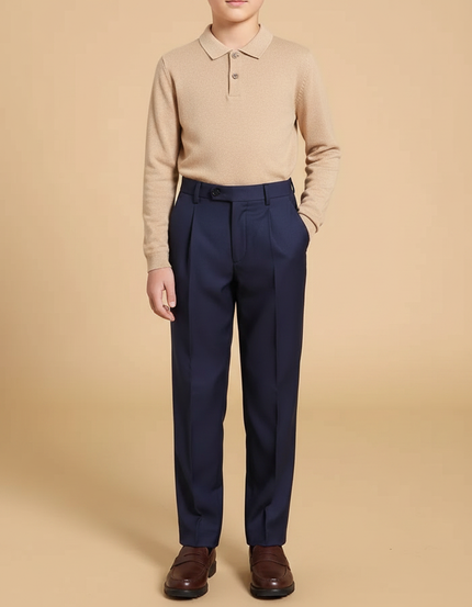 Pantalon À Pince Bleu Marine Droit Coton Garçon - Gabardine
