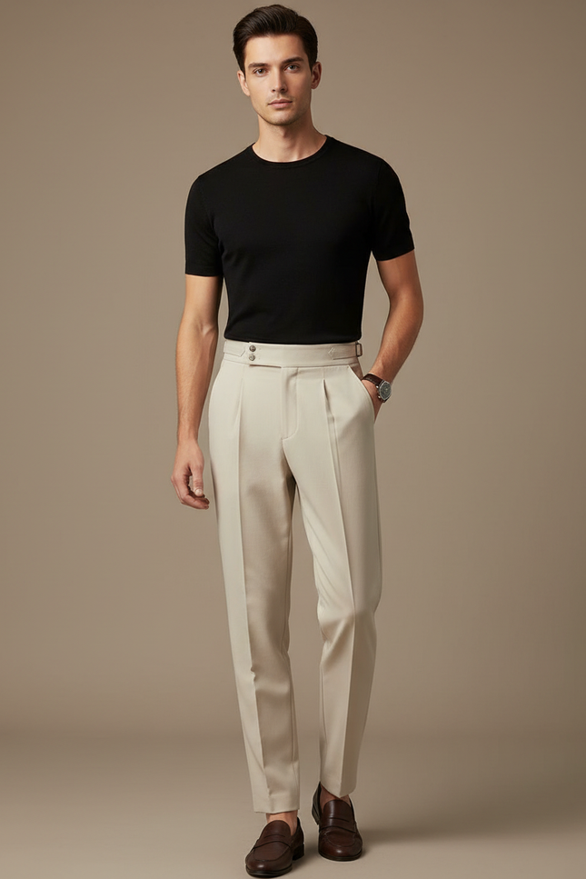Pantalon À Pince Beige Plissé Taille Haute Élégant - Gabardine