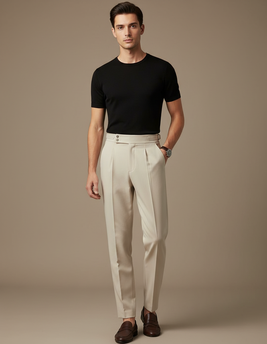 Pantalon À Pince Beige Plissé Taille Haute Élégant - Gabardine