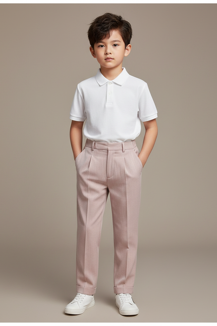 Pantalon À Pince Rose Poudré Plissé Droit Garçon Élégant - Gabardine
