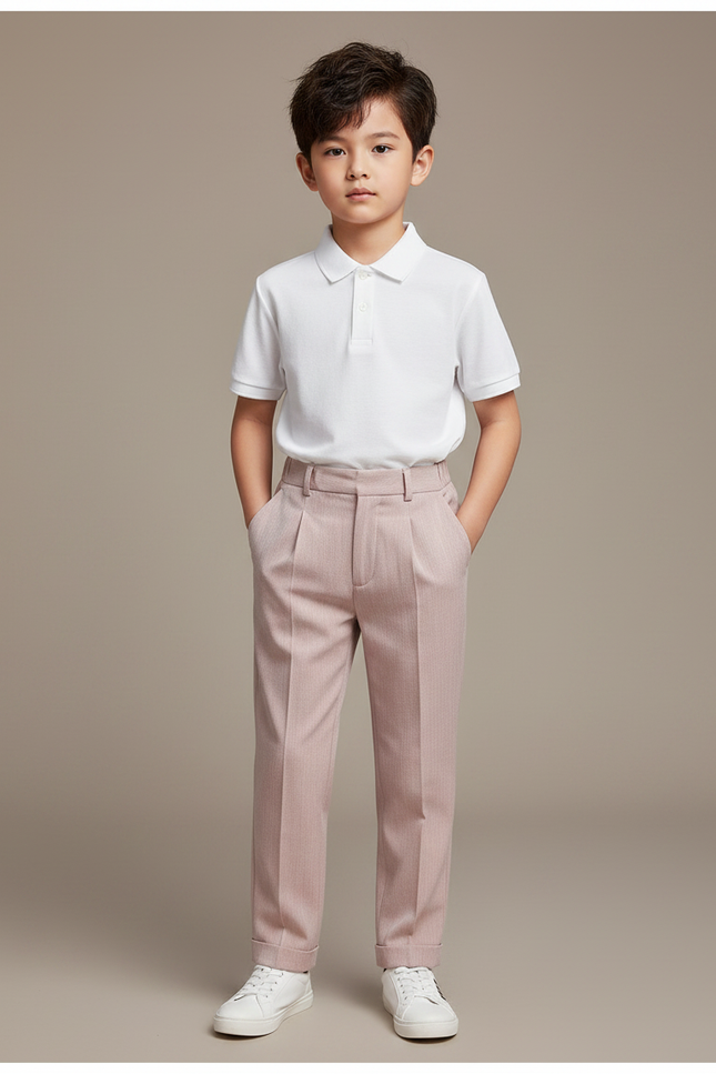 Pantalon À Pince Rose Poudré Plissé Droit Garçon Élégant - Gabardine