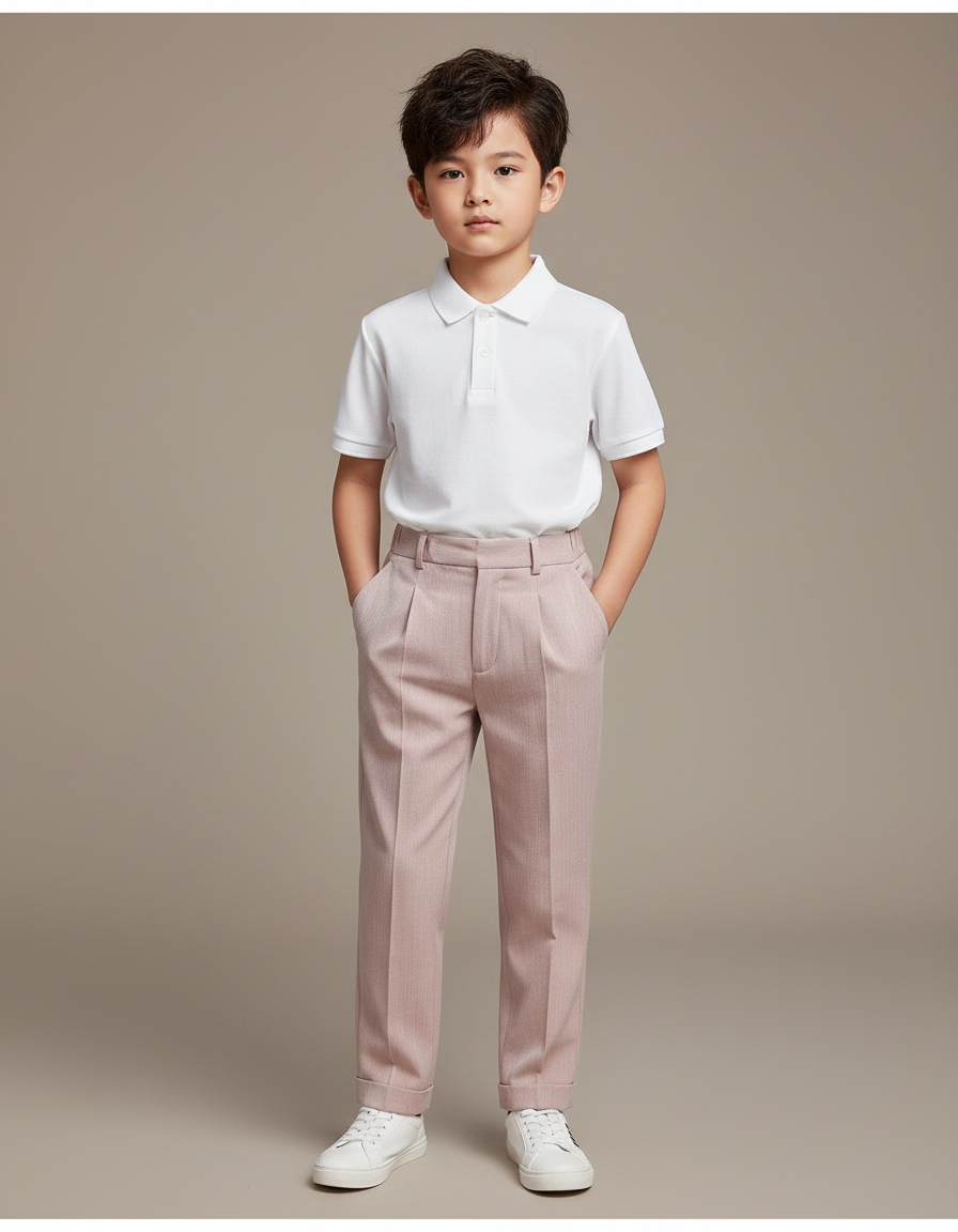 Pantalon À Pince Rose Poudré Plissé Droit Garçon Élégant - Gabardine