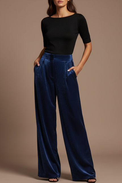 Pantalon À Pince Velours Bleu Marine Ample Élégant Femme