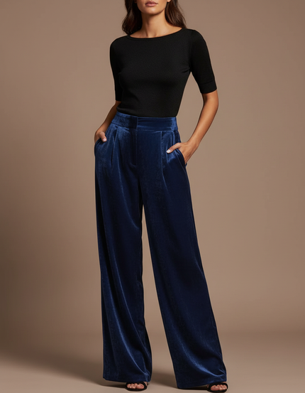 Pantalon À Pince Velours Bleu Marine Ample Élégant Femme