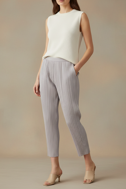 Pantalon À Pince Plissé Gris Confortable Cheville Décontracté - Maille