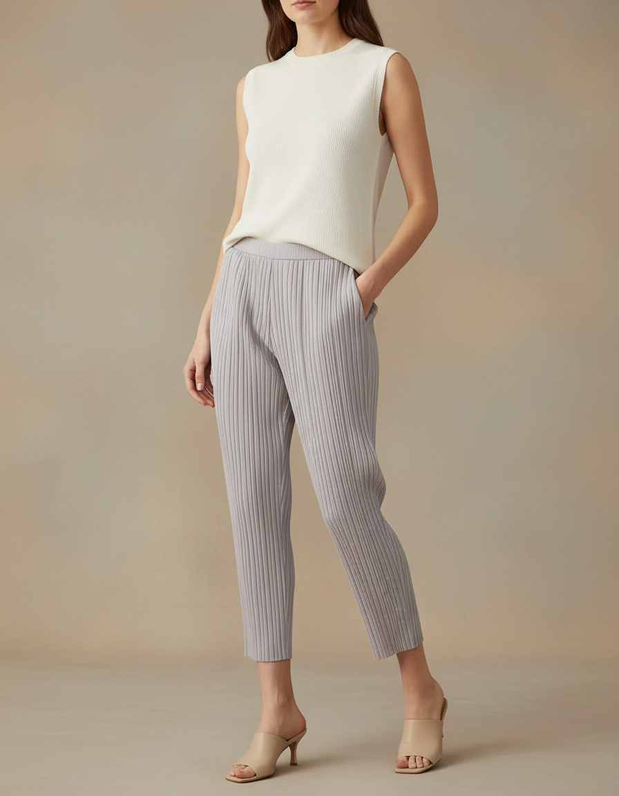 Pantalon À Pince Plissé Gris Confortable Cheville Décontracté - Maille