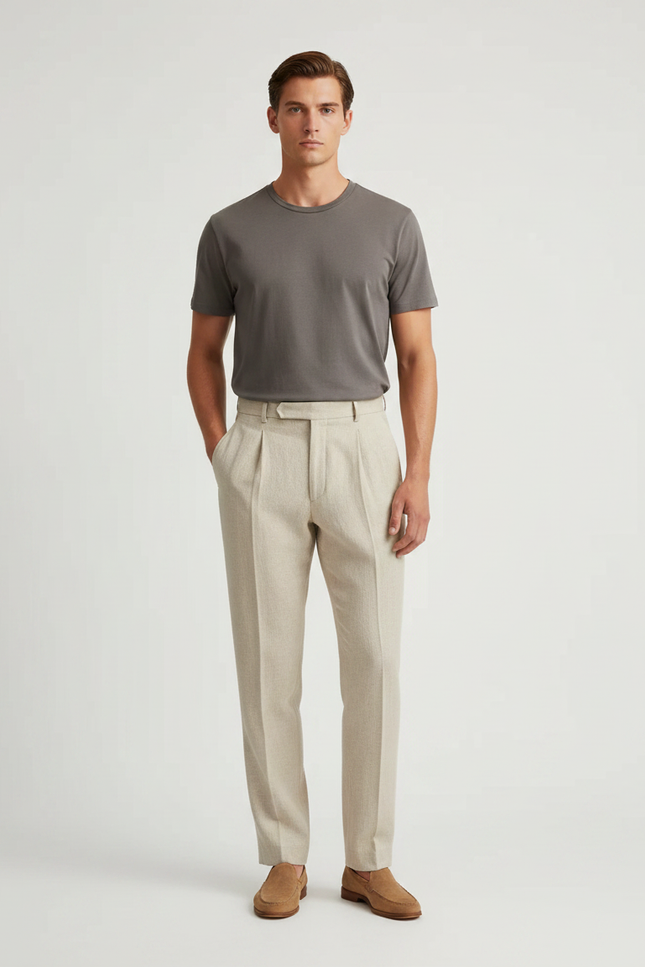 Pantalon À Pince Beige Plissé Droit Décontracté Homme - Lin