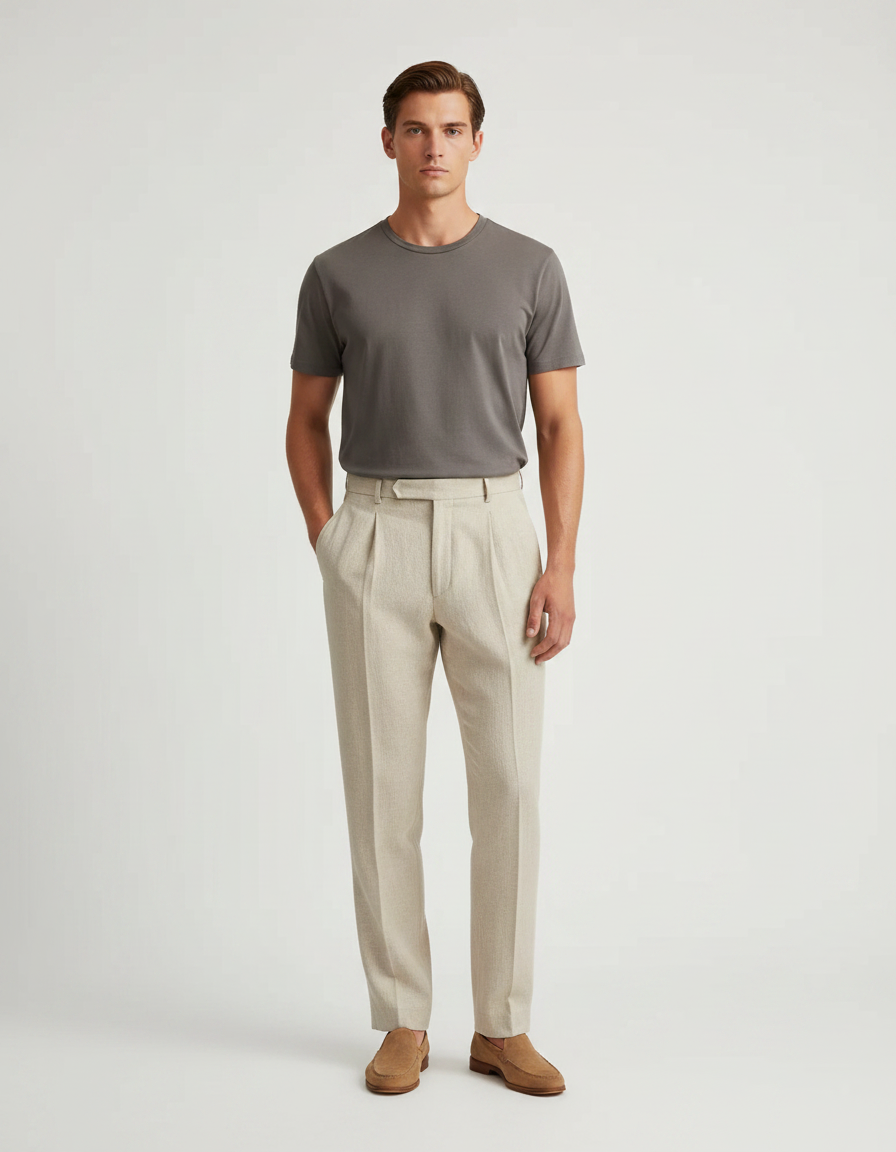 Pantalon À Pince Beige Plissé Droit Décontracté Homme - Lin