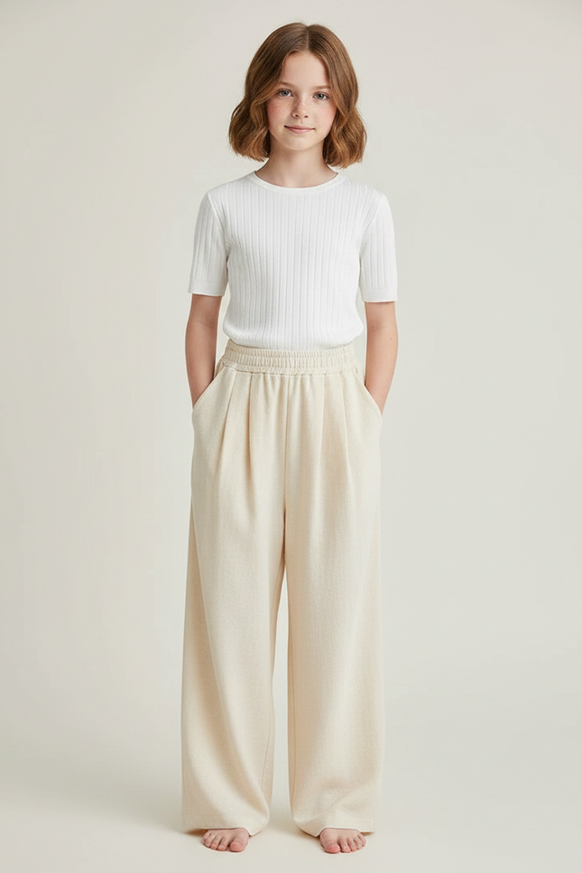 Pantalon À Pince Crème Ample Décontracté Fluide Enfant - Beige Molleton