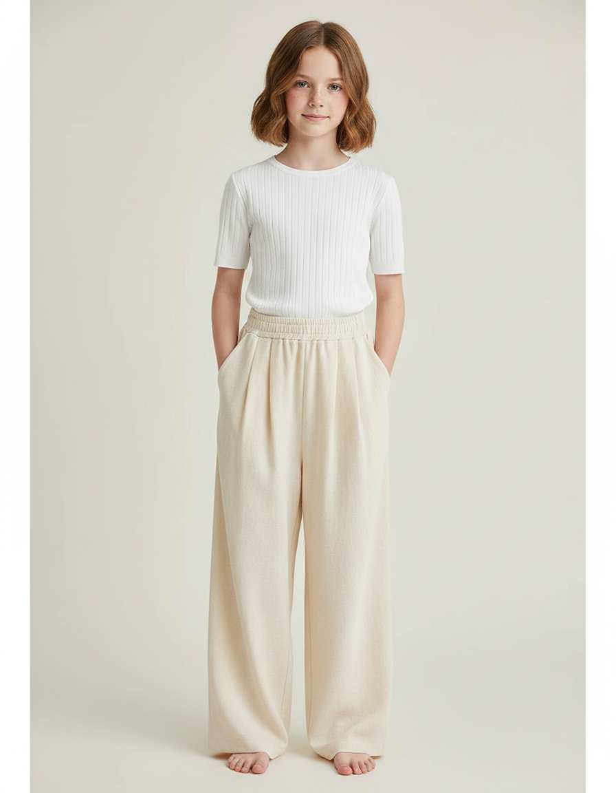 Pantalon À Pince Crème Ample Décontracté Fluide Enfant - Beige Molleton
