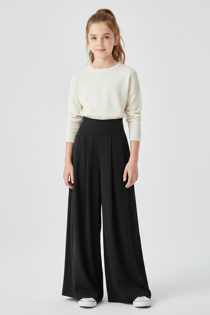 Pantalon À Pince Noir Ample Fluide Fille - Polyester