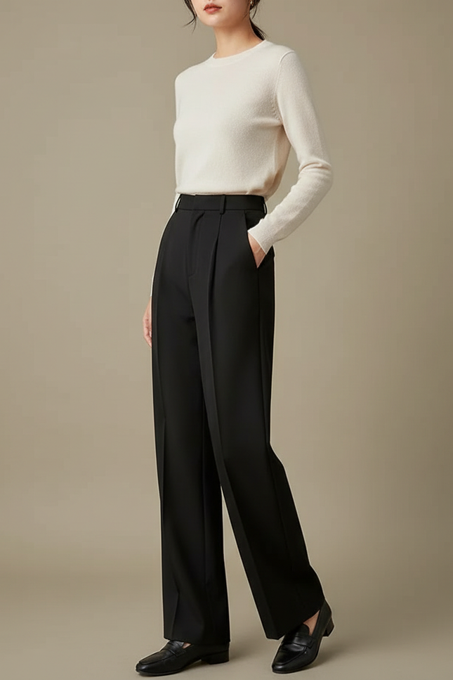 Pantalon À Pince Noir Plissé Ample Taille Haute Femme - Gabardine
