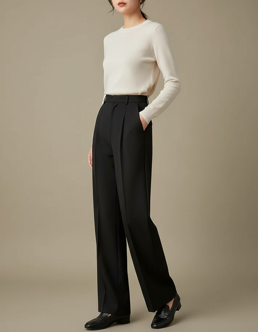 Pantalon À Pince Noir Plissé Ample Taille Haute Femme - Gabardine