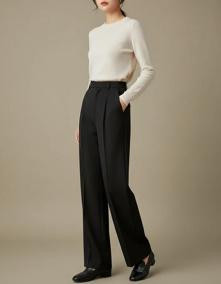 Pantalon À Pince Noir Plissé Ample Taille Haute Femme - Gabardine