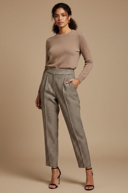 Pantalon À Pince Carreaux Ample Plissé Taille Haute - Imprimé Laine