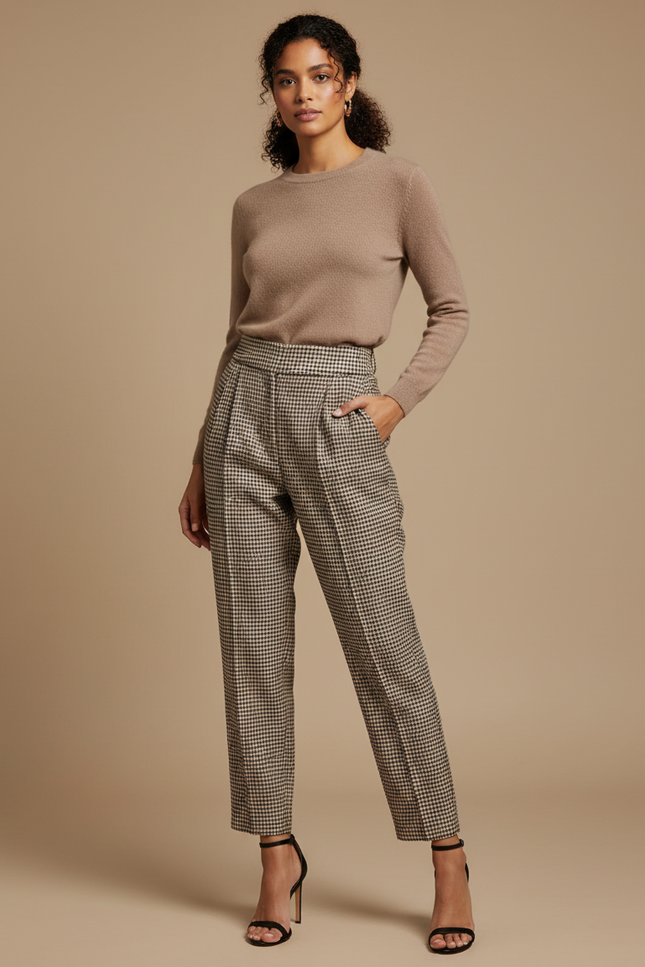 Pantalon À Pince Carreaux Ample Plissé Taille Haute - Imprimé Laine