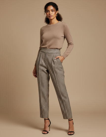 Pantalon À Pince Carreaux Ample Plissé Taille Haute - Imprimé Laine