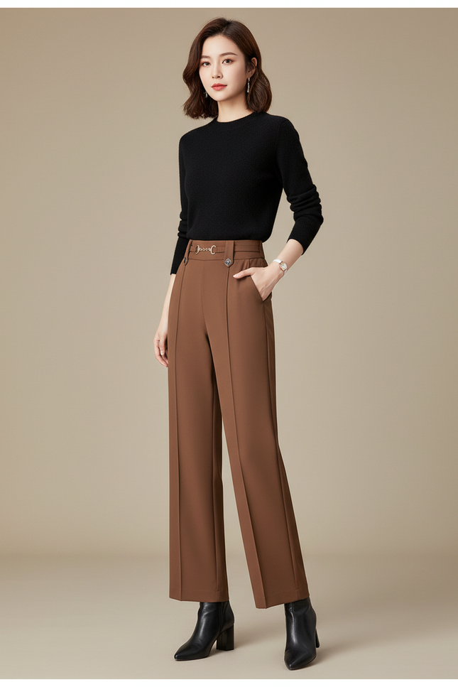 Pantalon À Pince Marron Droit Taille Haute Élégant Femme - Polyester