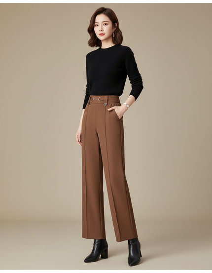 Pantalon À Pince Marron Droit Taille Haute Élégant Femme - Polyester