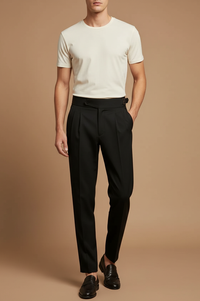 Pantalon À Pince Noir Plissé Élégant Ceinturé Homme - Gabardine