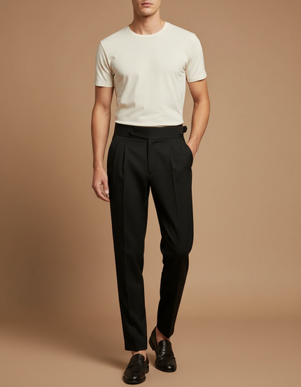 Pantalon À Pince Noir Plissé Élégant Ceinturé Homme - Gabardine